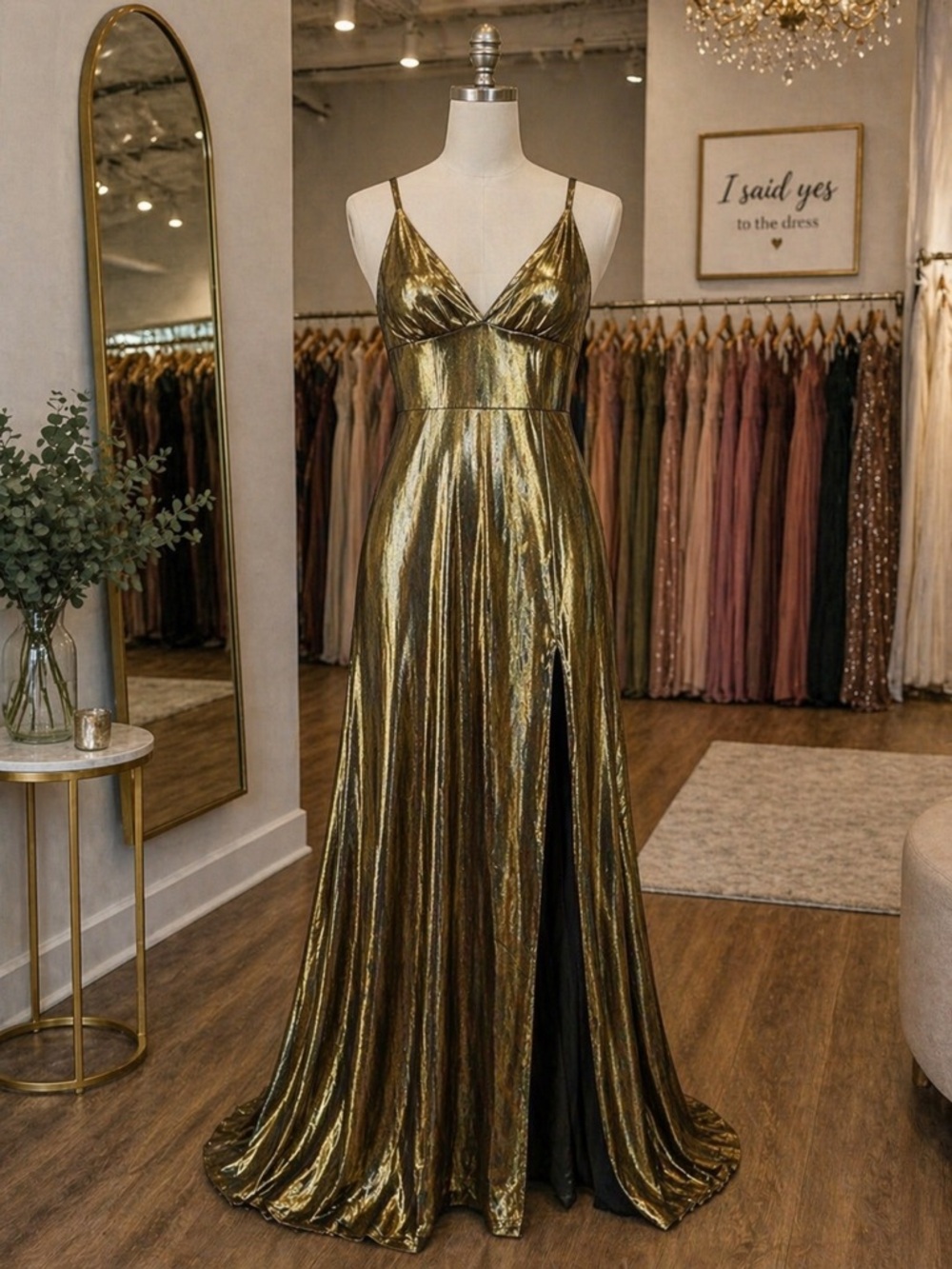 Gianni Bini Metallic Gold Maxi Dress with V-Neck and Side Slit (NWT)